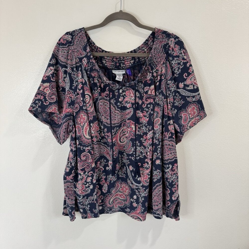 Catherines Shirt Blouse 3XWP Petite Smocked Boho Paisley Red White Blue Cotton